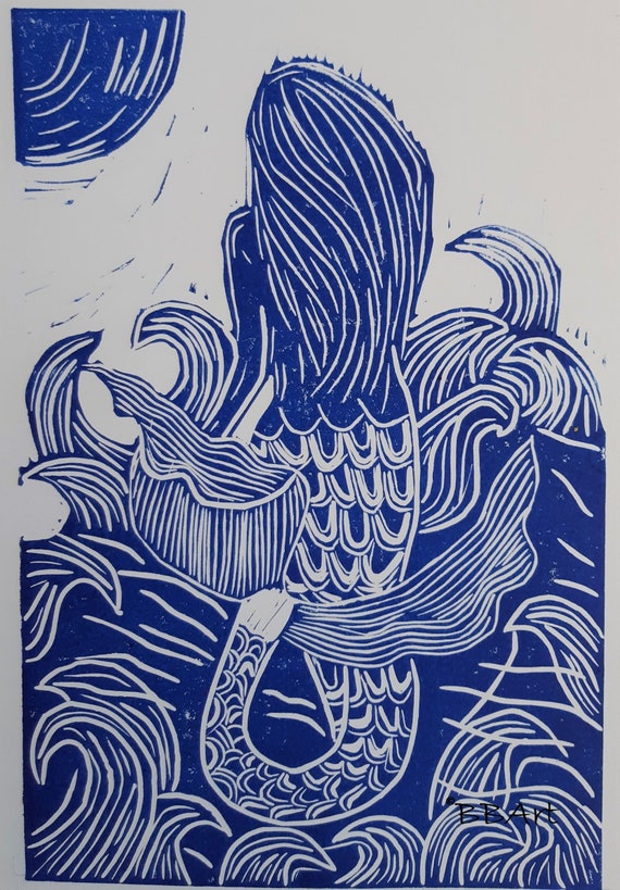 The Moon Mermaid, hand printed lino A4 print in a choice of 2 colours