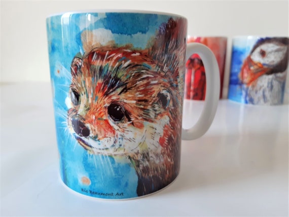 Merlin the otter ceramic mug (original fun and colourful illustrative acrylic and watercolour painting)
