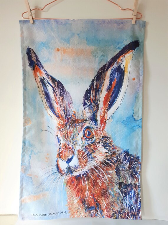 Luna the hare organic cotton tea towel, original acrylic and watercolour painting - perfect Christmas stocking filler!