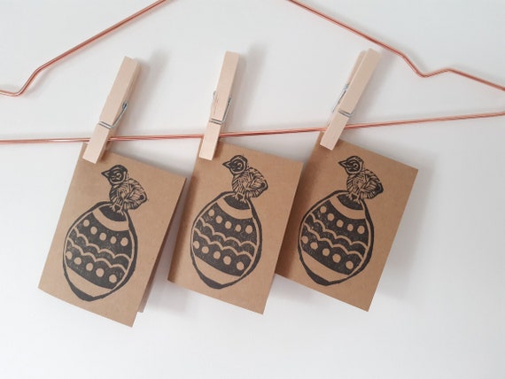 Easter Egg and Chick, pack of 3 hand pressed lino print blank small greeting cards made from recycled card