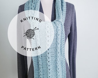 KNITTING PATTERN: Boardwalk Knitted Scarf. Braided Knit Scarf Pattern. Light Blue Neckwear.