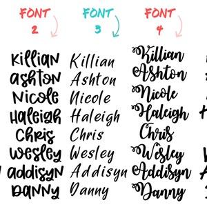 Pode incluir: Cinco estilos de fonte diferentes para os nomes Killian, Ashton, Nicole, Haleigh, Chris, Wesley, Addyson e Danny. As fontes s&atilde;o numeradas de 1 a 5.
