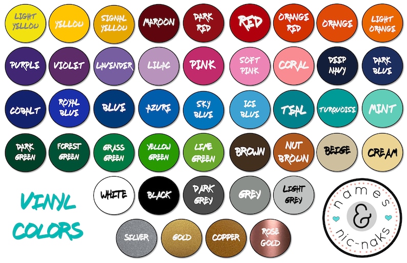 Pode incluir: Um gr&aacute;fico de cores de vinil com nomes para cada cor. As cores est&atilde;o dispostas em linhas e colunas. As cores incluem amarelo claro, amarelo, amarelo sinal, castanho, vermelho escuro, vermelho, vermelho laranja, laranja, laranja claro, roxo, violeta, lavanda, lil&aacute;s, rosa, rosa claro, coral, azul marinho escuro, azul escuro, cobalto, azul real, azul, azul celeste, azul c&eacute;u, azul gelo, azul esverdeado, turquesa, menta, verde escuro, verde floresta, verde grama, verde amarelo, verde lim&atilde;o, castanho, castanho noz, bege, creme, branco, preto, cinza escuro, cinza, cinza claro, prata, ouro, cobre, ouro rosa.