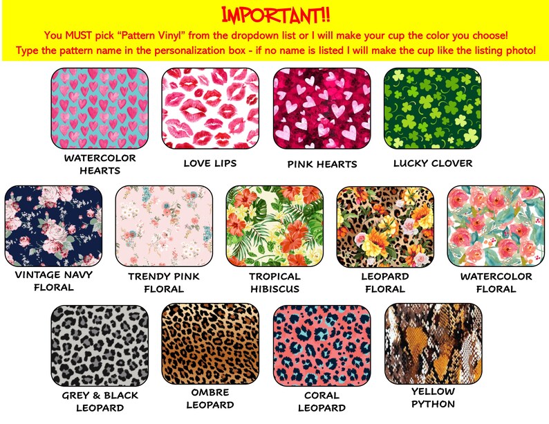 Pode incluir: Uma colagem de 12 padr&otilde;es diferentes para adesivos de vinil. Os padr&otilde;es incluem cora&ccedil;&otilde;es, l&aacute;bios, trevos, flores e estampa de leopardo. O texto "IMPORTANT!!" est&aacute; na parte superior da imagem. O texto "Voc&ecirc; DEVE escolher "Vinil de padr&atilde;o" na lista suspensa ou farei sua caneca da cor que voc&ecirc; escolher! Digite o nome do padr&atilde;o na caixa de personaliza&ccedil;&atilde;o - se nenhum nome for mencionado, farei a caneca como na foto da lista!" est&aacute; abaixo da colagem.