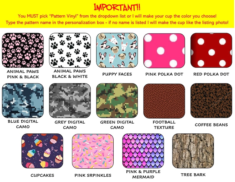 Pode incluir: Uma colagem de 12 padr&otilde;es diferentes para personalizar canecas. Os padr&otilde;es incluem patas de animais, bolinhas, camuflagem digital, textura de futebol, gr&atilde;os de caf&eacute;, cupcakes, confeitos, escamas de sereia e casca de &aacute;rvore.