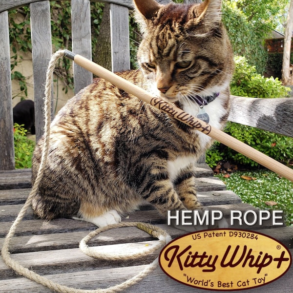 KittyWhip+ Hemp® soft, strong, sustainable! Wand cat toy expertly handcrafted in the USA from 100% natural and sustainable materials.