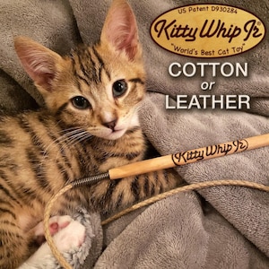 KittyWhip Jr® for itty bitty kitties that just want to have fun! Small wand cat toy made by hand in the USA from all natural materials.