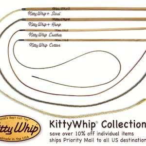 All 4 full size KittyWhip® Cat Toys of the KittyWhip Collection displayed against a white background: Sisal, Hemp, Leather and Cotton wand cat toys.