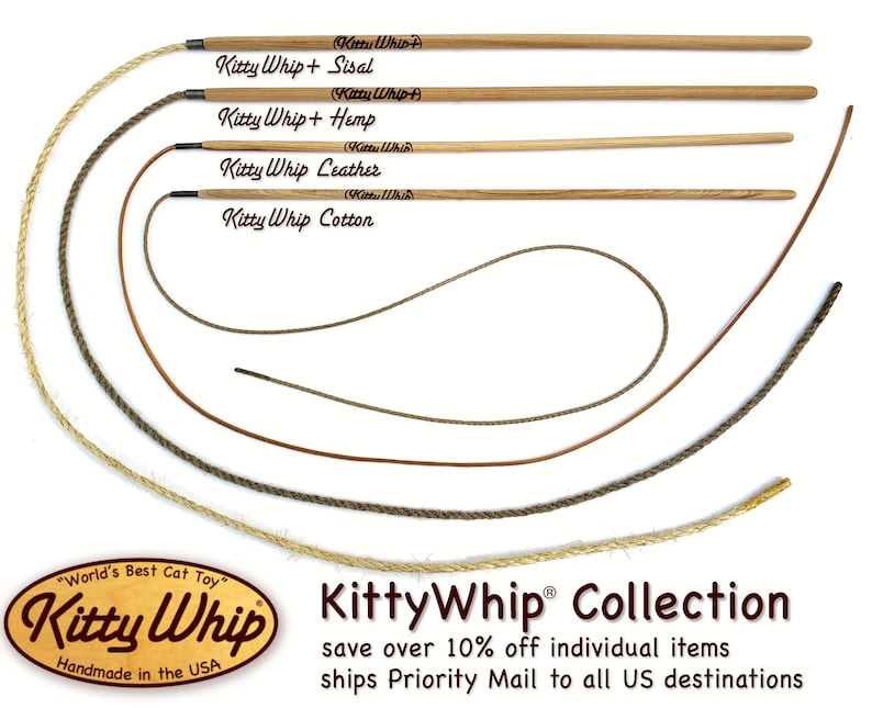 All 4 full size KittyWhip® Cat Toys of the KittyWhip Collection displayed against a white background: Sisal, Hemp, Leather and Cotton wand cat toys.