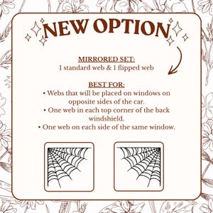 May include: A square informational graphic with brown text on a white background. The text reads NEW OPTION, MIRRORED SET: 1 standard web & 1 flipped web, BEST FOR: Webs that will be placed on windows on opposite sides of the car.