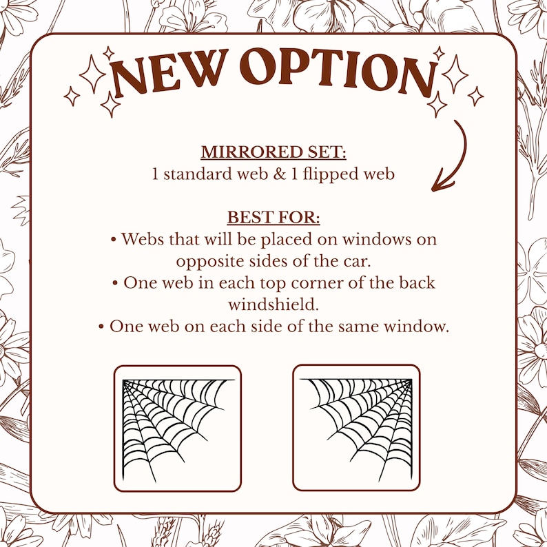 May include: A square informational graphic with brown text on a white background. The text reads NEW OPTION, MIRRORED SET: 1 standard web & 1 flipped web, BEST FOR: Webs that will be placed on windows on opposite sides of the car.
