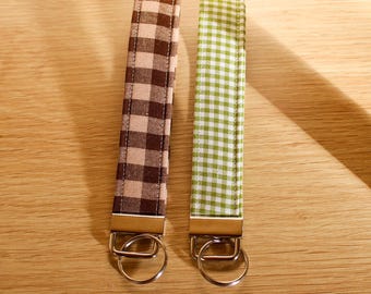 Brown and Green Gingham Key Fob Wristlets | Handmade Fabric Keychain | Wrist Lanyard