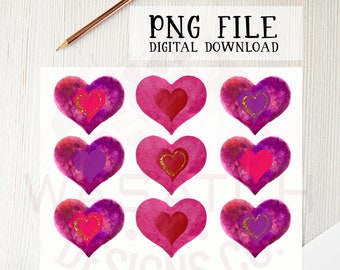 Akwarele Serca plik png do druku sublimacyjnego, druk DTG, Walentynki PNG, Miłość, clipart, pobieranie cyfrowe, projekty sublimacyjne