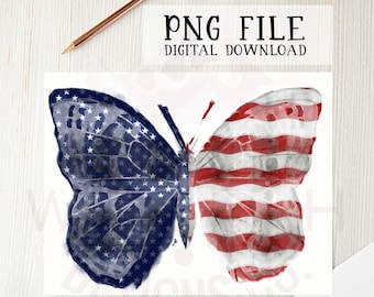 Patriotic butterfly PNG file for sublimation printing, sublimation design, DTG printing, butterfly clipart, 4th of July, digital download