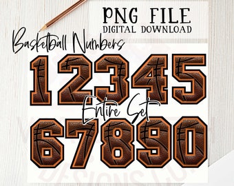 May include: A set of ten digital download basketball numbers, 1 through 10, with a brown leather texture and orange stitching. The numbers are in a bold, blocky font. The text "Basketball Numbers" and "Entire Set" are also included in the image.