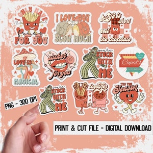 PRINTABLE Stickers, png file, Retro Valentine&#39;s Stickers, Holiday stickers, Valentine&#39;s PNG, cricut files, silhouette file, Digital stickers