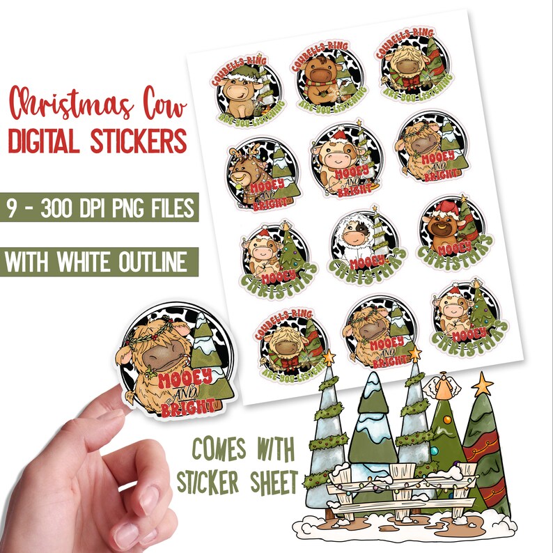 PRINTABLE Stickers Png Files Christmas Cow Stickers Farm - Etsy