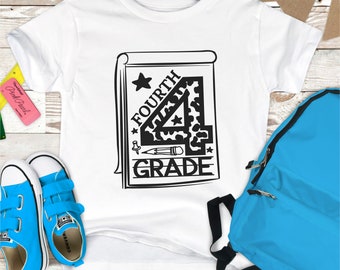 May include: White t-shirt with a black graphic of a notebook with the text "FOURTH GRADE" and a large number "4" with a star and a pencil design.