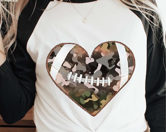 Camo football heart Sublimation design, PNG files, t-shirt designs, Football mom, Football png, Football t-shirts, sublimation prints, Sport
