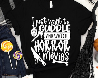 Cuddle and watch horror movies SVG cutting file, Halloween SVG, Halloween tshirt designs, Halloween clipart, Sublimation designs, Horror SVG