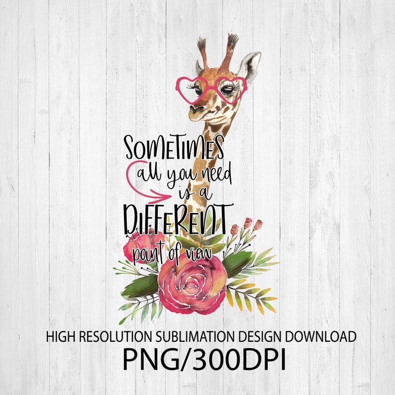 May include: A watercolor illustration of a giraffe wearing pink heart-shaped glasses with the text "SOMETIMES all you need is a DIFFERENT point of view" and pink roses and greenery.