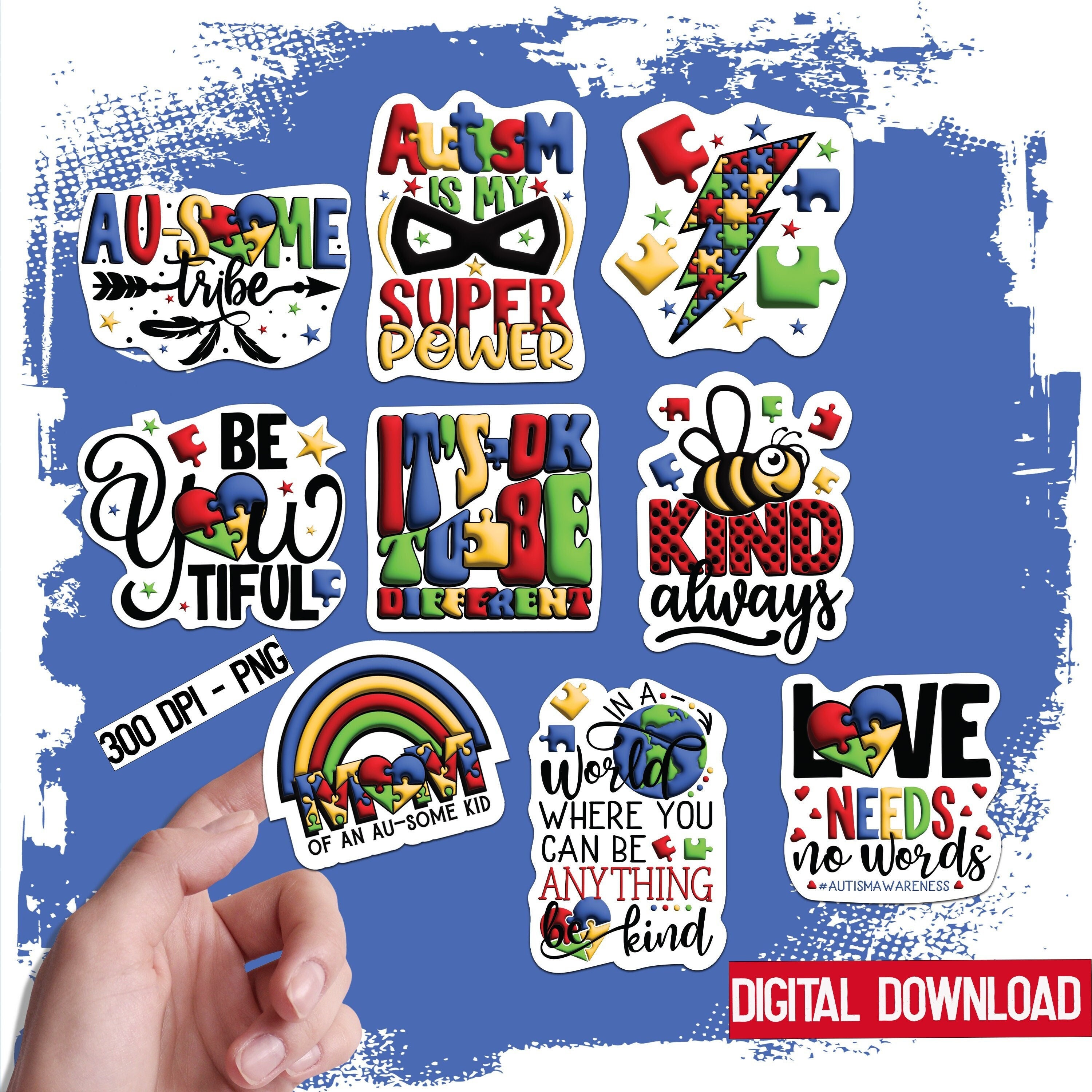 PRINTABLE Stickers, Png File, Retro 3D Autism Stickers, Awareness ...