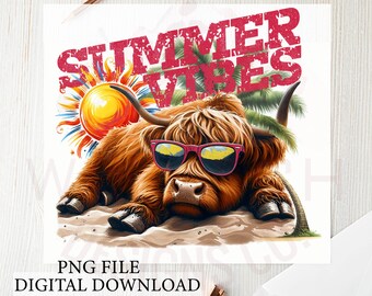 Summer Vibes Highland Cow PNG, Graphic Tee Design (Digital Download)