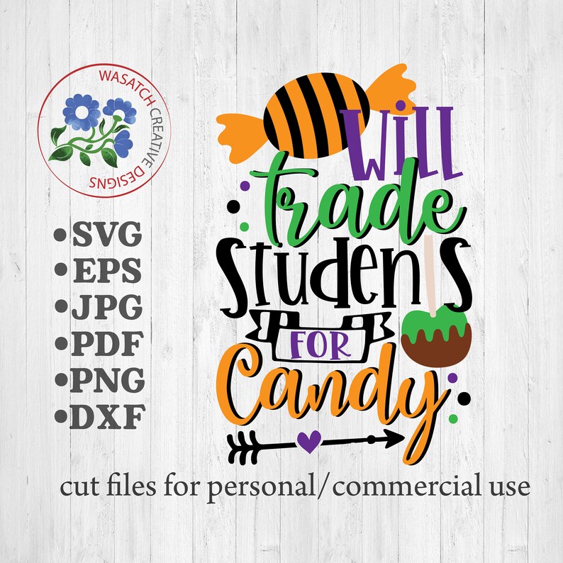 Peut inclure: Un fichier de conception num&eacute;rique pour une pancarte sur le th&egrave;me d'Halloween qui dit "Will trade students for candy". Le design pr&eacute;sente un ma&iuml;s sucr&eacute;, une canne &agrave; sucre et une fl&egrave;che avec un c&oelig;ur.