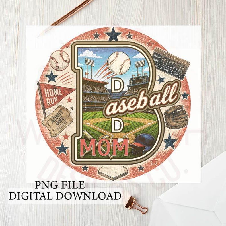 May include: A baseball-themed design featuring a large letter "B" with a baseball field scene inside. The design includes baseballs, a glove, a helmet, and the words "Baseball Mom." Additional elements include a ticket, a pennant, and the text "PNG FILE DIGITAL DOWNLOAD."