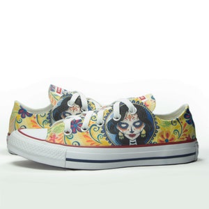 Scarpe Personalizzate Alta In Tela – Artigianali Con Teschio Messicano (Mexican Skull), Chiusura Con Stringhe, Suola Piatta