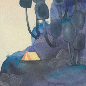 Blue, purple, and dark gray oversized mushrooms create a forest over an orange camping tent.