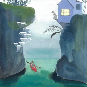Whimsical Art Print, Kayak Wall Art, Whimsical Watercolor, Kayaking Under Cliffs Painting, Giclee Art Print from Quietest Noise Studio