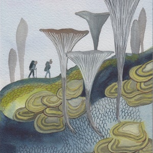 Whimsical Adventure Art, Hiking in a Mushroom Forest, Whimsical Watercolors & Art Prints by Quietest Noise Studio