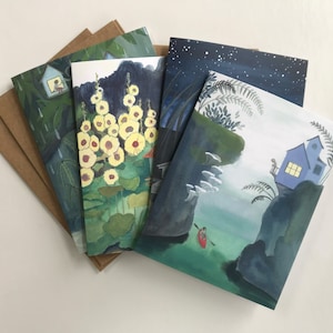 Whimsical Greeting Cards, Paintings of Tiny Houses, Blank Greeting Cards, Imaginative Outdoor Adventure Scenes, by Quietest Noise Studio