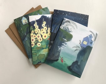Whimsical Greeting Cards, Paintings of Tiny Houses, Blank Greeting Cards, Imaginative Outdoor Adventure Scenes, by Quietest Noise Studio
