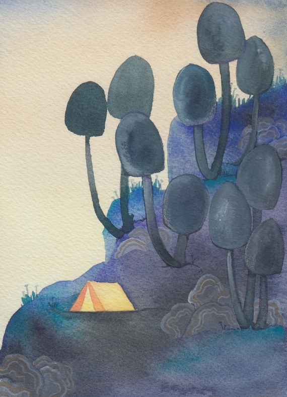 Mushroom Forest Camping Art Print, Whimsical Watercolor Giclée