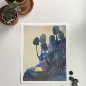 May include: A watercolor painting of a campsite in a forest. The painting features a small yellow tent in the foreground, surrounded by tall, dark trees with rounded tops. The background is a soft blue and purple gradient.