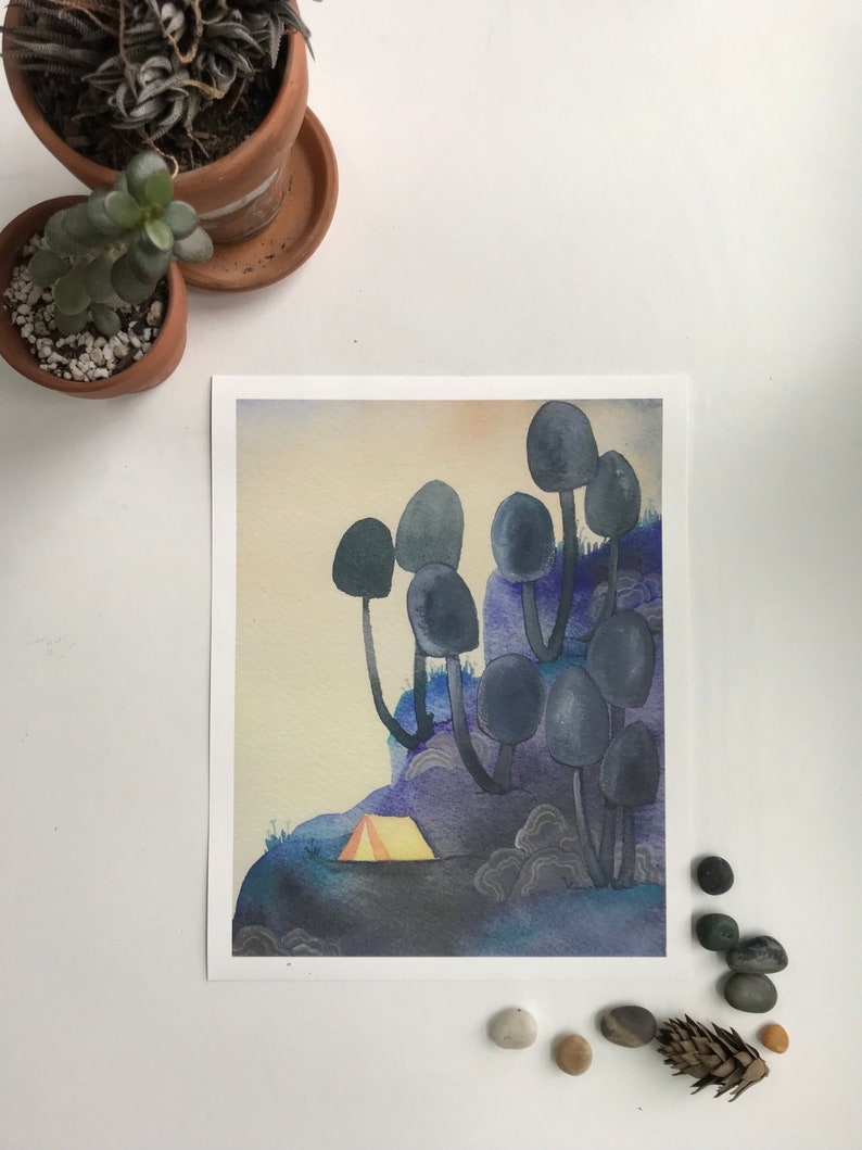 May include: A watercolor painting of a campsite in a forest. The painting features a small yellow tent in the foreground, surrounded by tall, dark trees with rounded tops. The background is a soft blue and purple gradient.