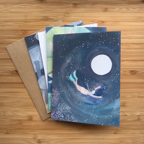 Whimsical Art Cards, Nature Inspired Watercolor Notecards, Set of 4