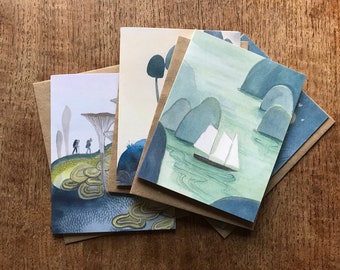 Whimsical Greeting Cards, Art Cards, All Occasion Cards, Set of Notecards, Imaginative Outdoor Adventure Scenes, by Quietest Noise Studio