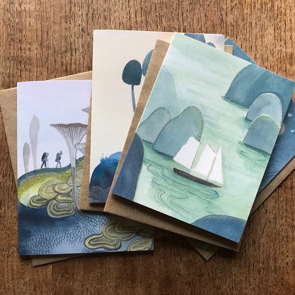 Whimsical Greeting Cards, Art Cards, All Occasion Cards, Set of Notecards, Imaginative Outdoor Adventure Scenes, by Quietest Noise Studio