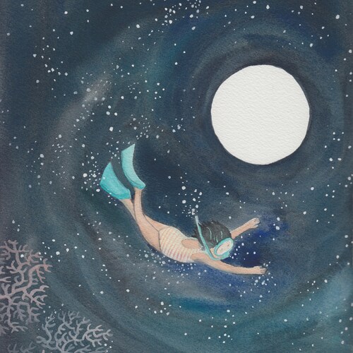 Night Swimming Art Print, Whimsical Children's Nursery Decor