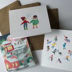 Holiday Greeting Cards, Walking in the Snow, Notecards for the Winter Season, set of art cards from Quietest Noise Studio, free shipping