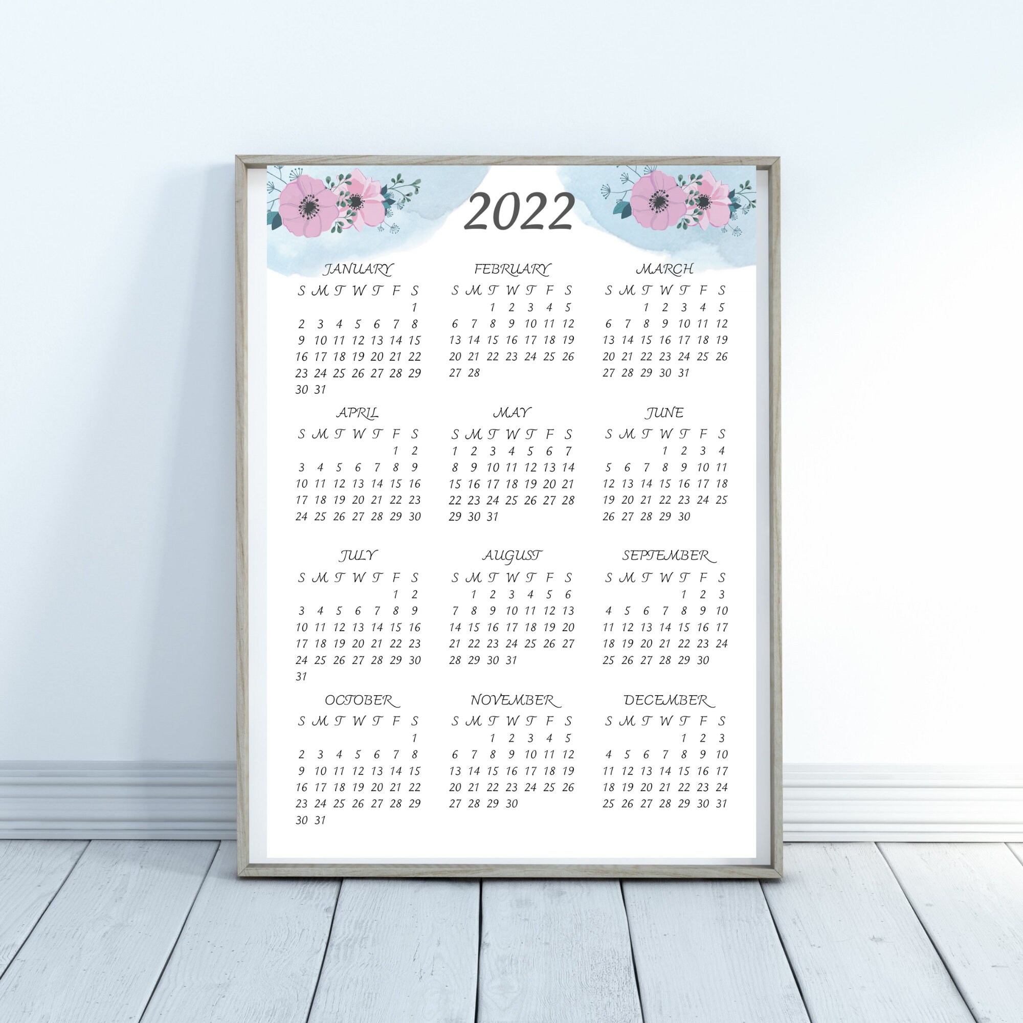 2022 calendar printable yearly calendar flower calendar etsy