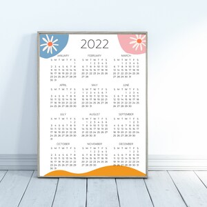 2022 calendar printable yearly calendar simple calendar etsy