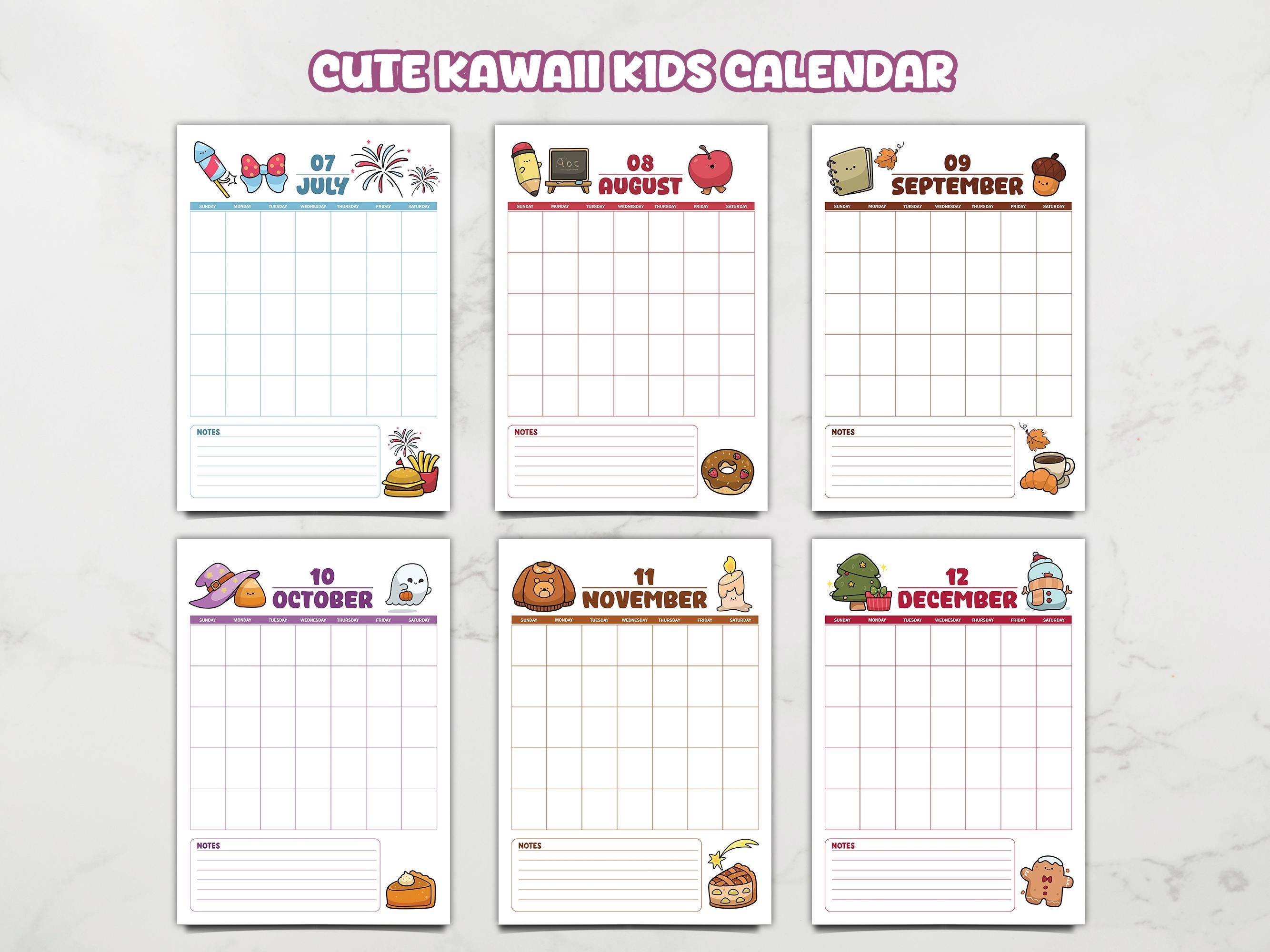 Kids Calendar Kawaii Printable - Cute Blank Monthly Planner for ...