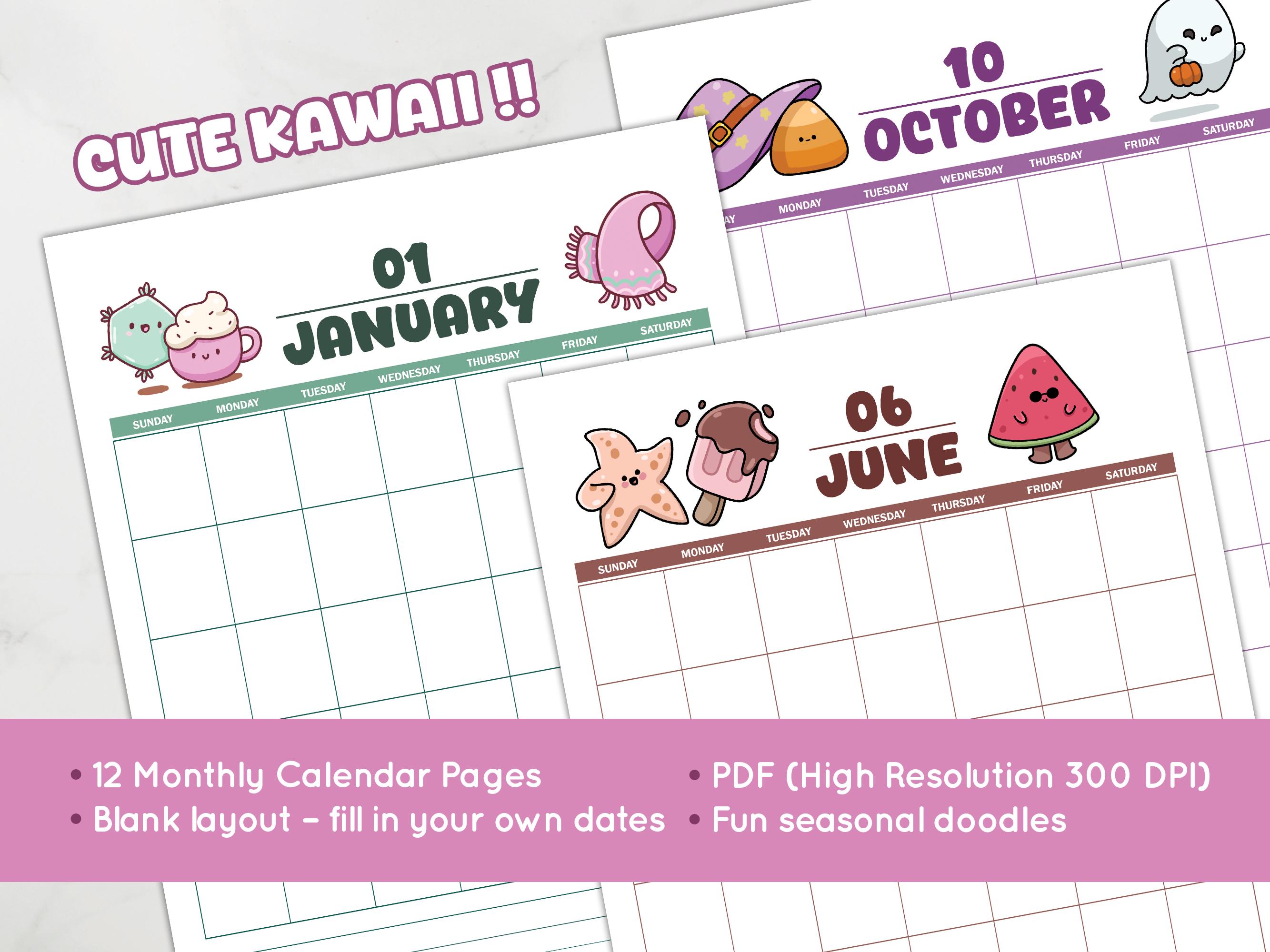 Kids Calendar Kawaii Printable - Cute Blank Monthly Planner for ...