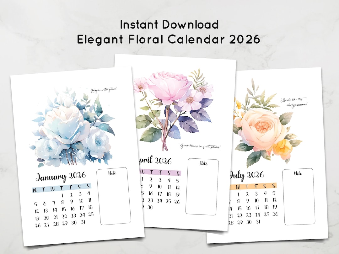2026 Elegant Roses Printable Calendar, Floral Wall Calendar, Watercolor ...
