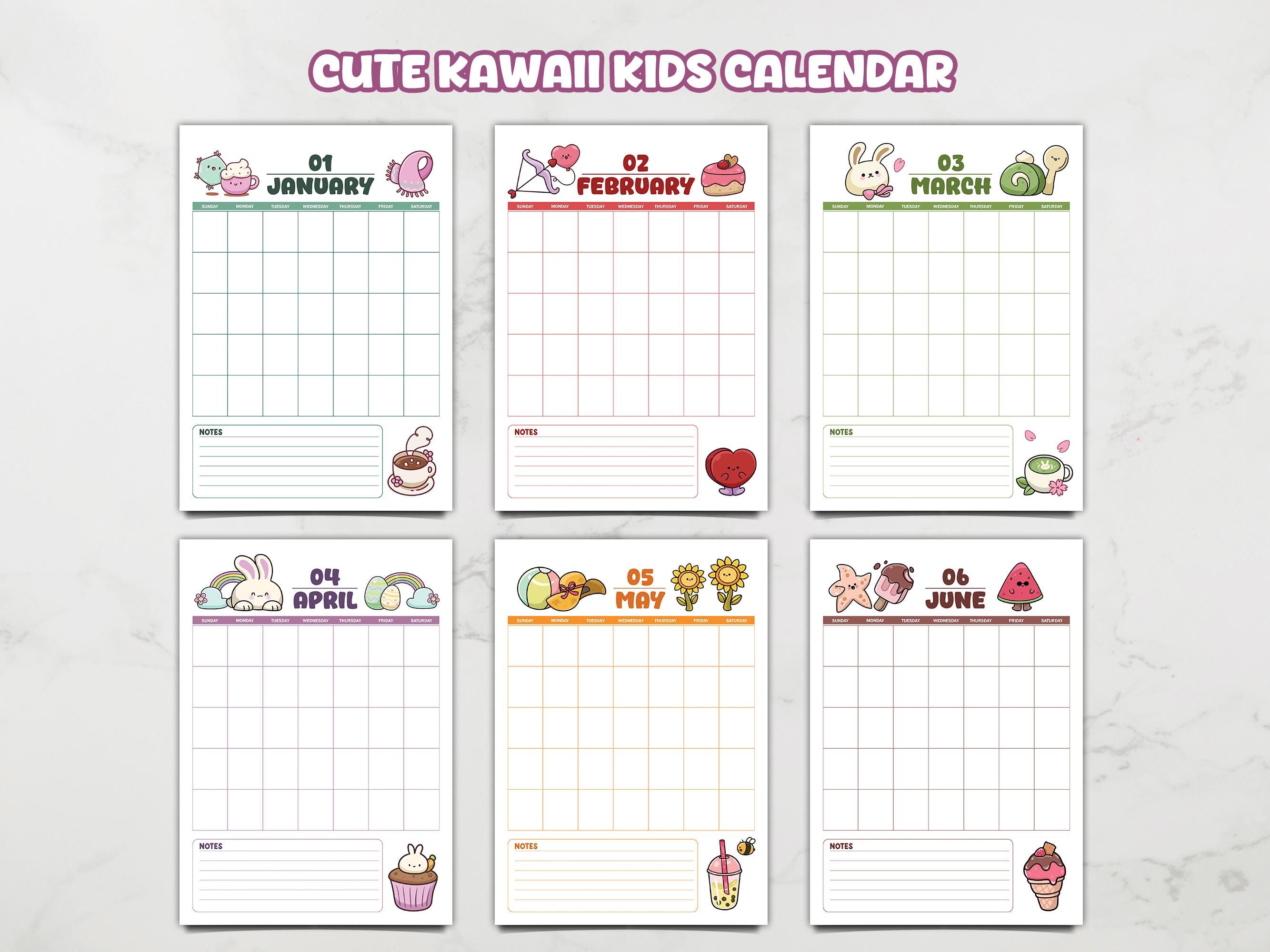 Kids Calendar Kawaii Printable - Cute Blank Monthly Planner for ...