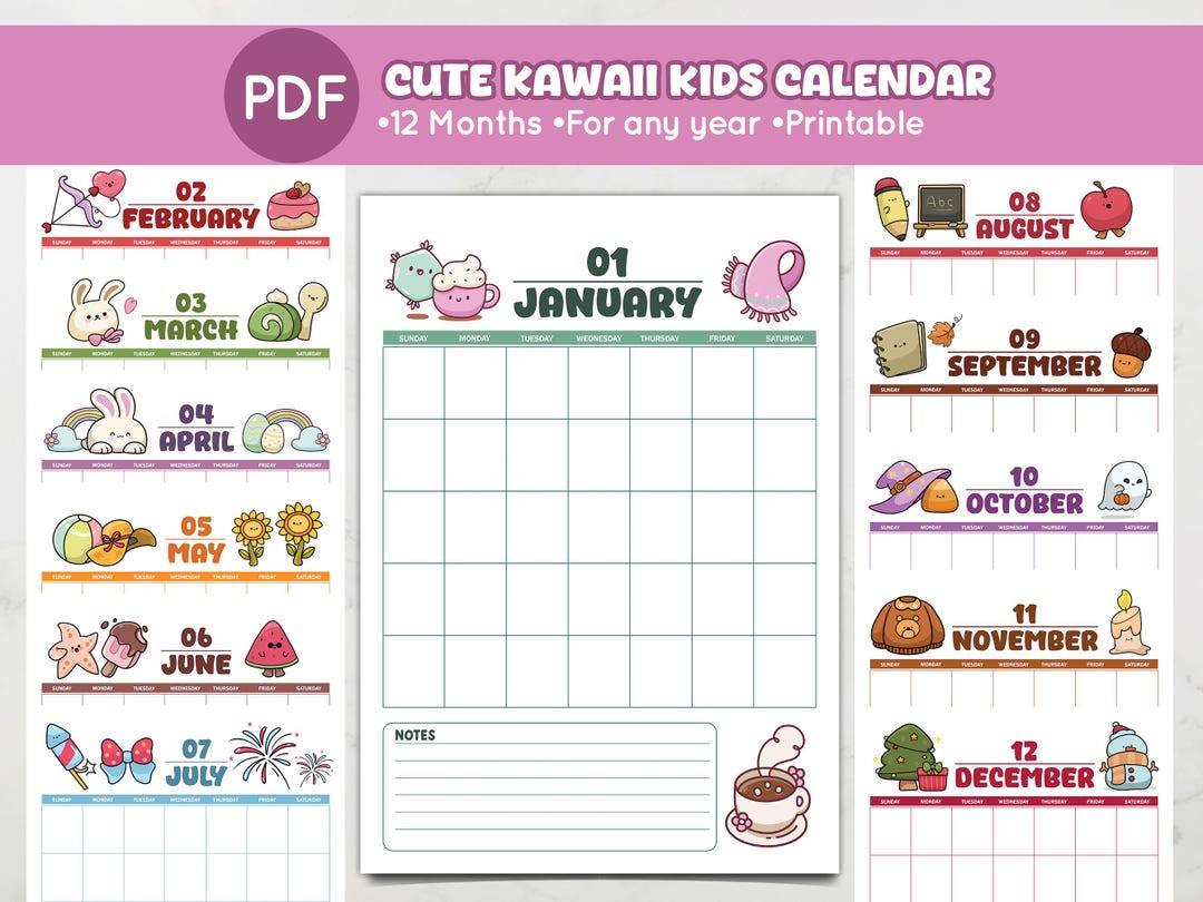 Kids Calendar Kawaii Printable - Cute Blank Monthly Planner for ...